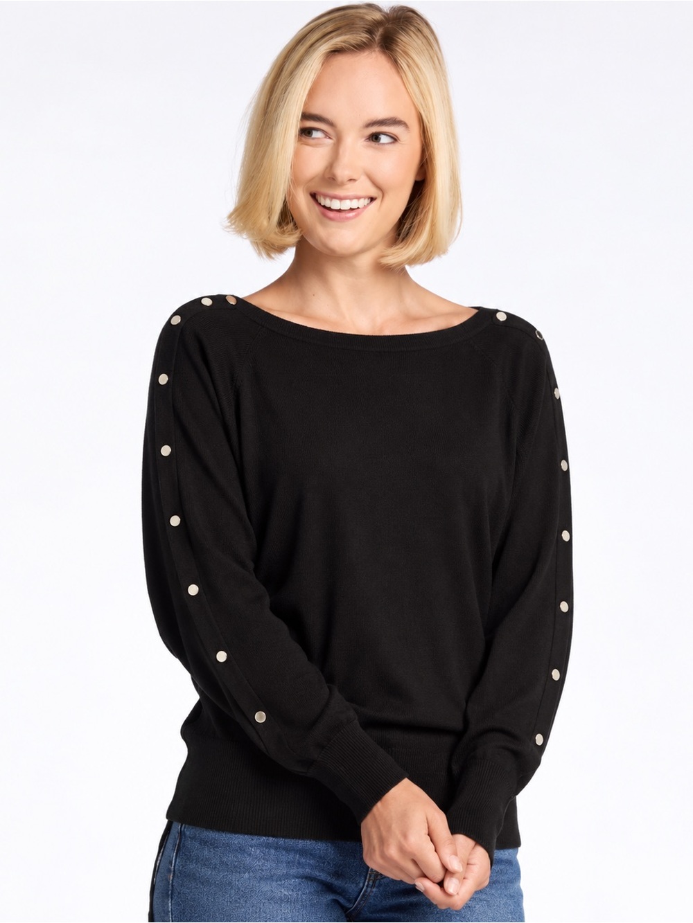 Michael Kors Black Boatneck Pullover with Decorative Buttons